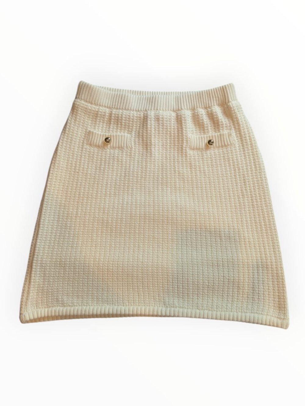 French Connection Cream Textured Knit Mini Skirt Gold Buttons L